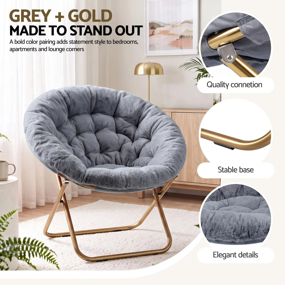 Artiss Cozy Saucer Chair Soft Faux Fur Folding Accent Chair for Bedroom Grey - Image 9