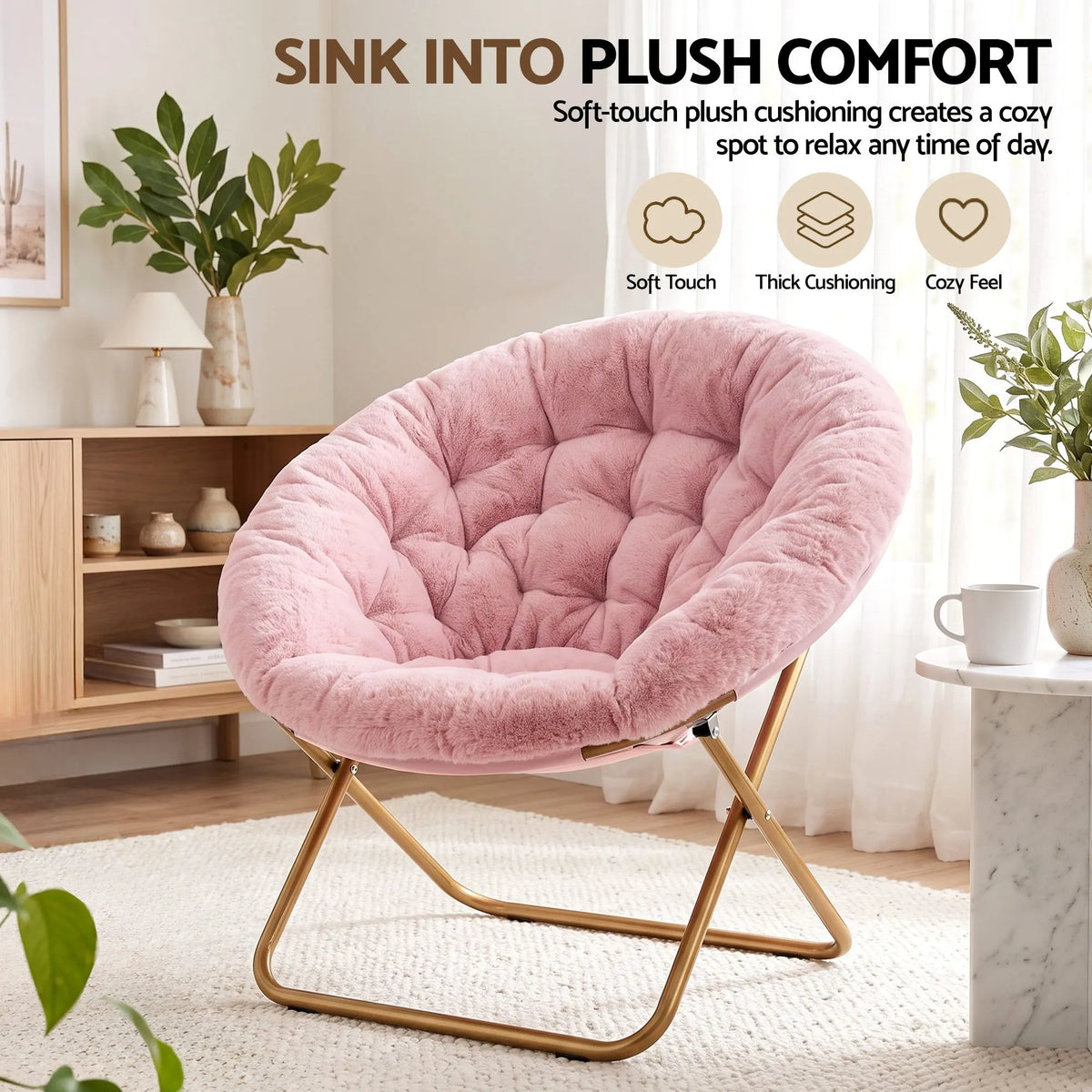 Artiss Cozy Saucer Chair Soft Faux Fur Folding Accent Chair for Bedroom Pink - Image 5
