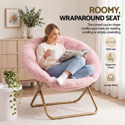Artiss Cozy Saucer Chair Soft Faux Fur Folding Accent Chair for Bedroom Pink - Image 6