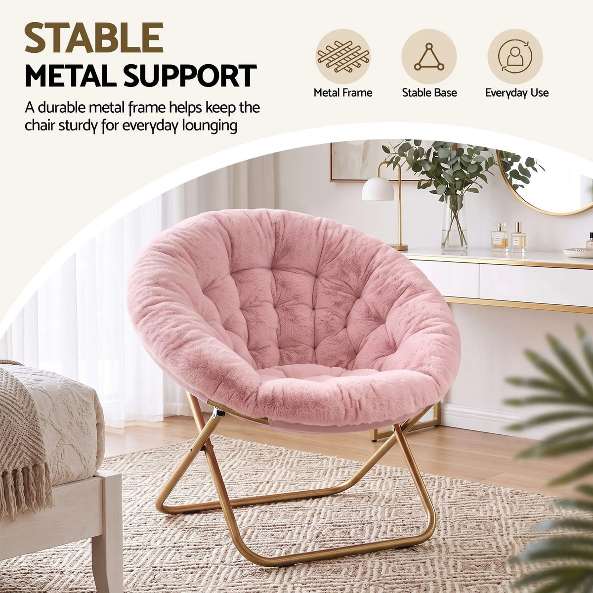 Artiss Cozy Saucer Chair Soft Faux Fur Folding Accent Chair for Bedroom Pink - Image 7