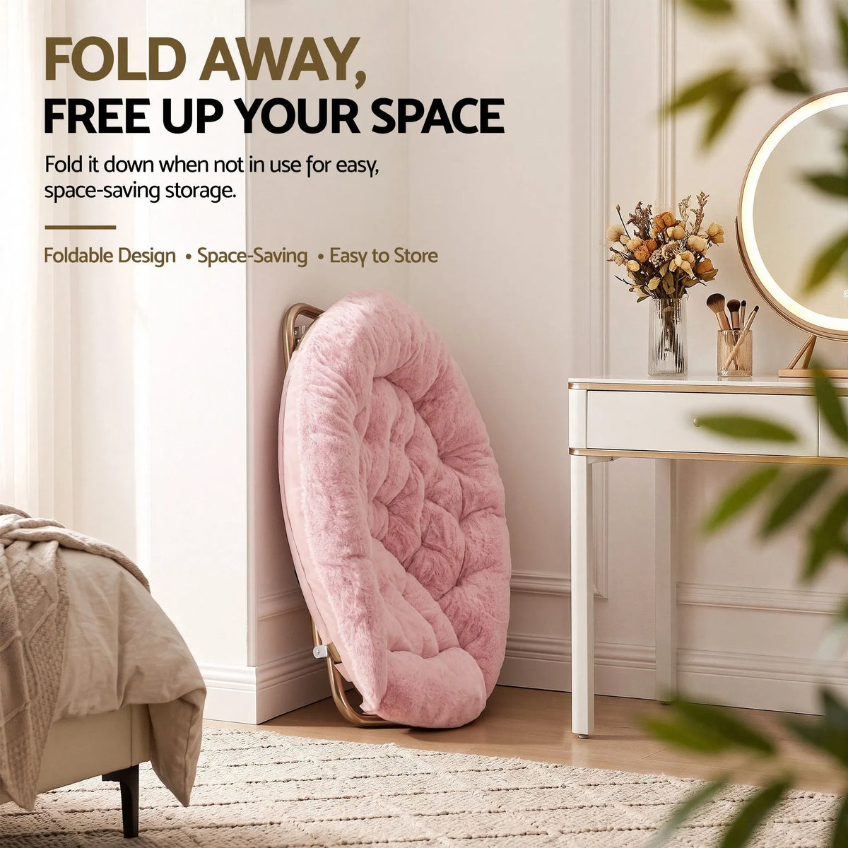 Artiss Cozy Saucer Chair Soft Faux Fur Folding Accent Chair for Bedroom Pink - Image 8