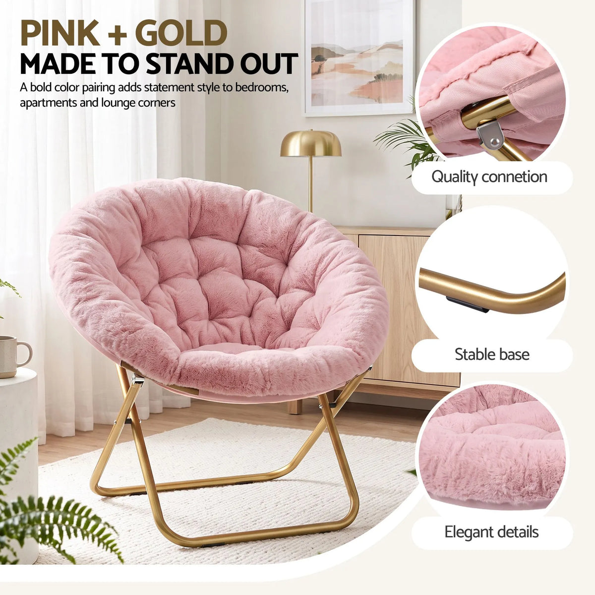 Artiss Cozy Saucer Chair Soft Faux Fur Folding Accent Chair for Bedroom Pink - Image 9