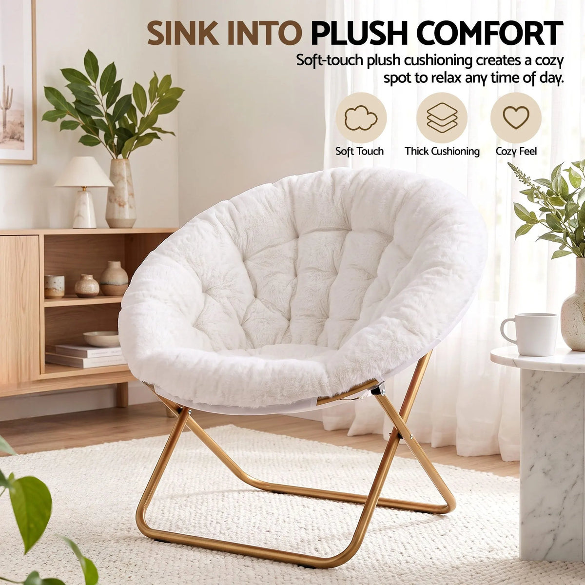 Artiss Cozy Saucer Chair Soft Faux Fur Folding Accent Chair for Bedroom White - Image 5