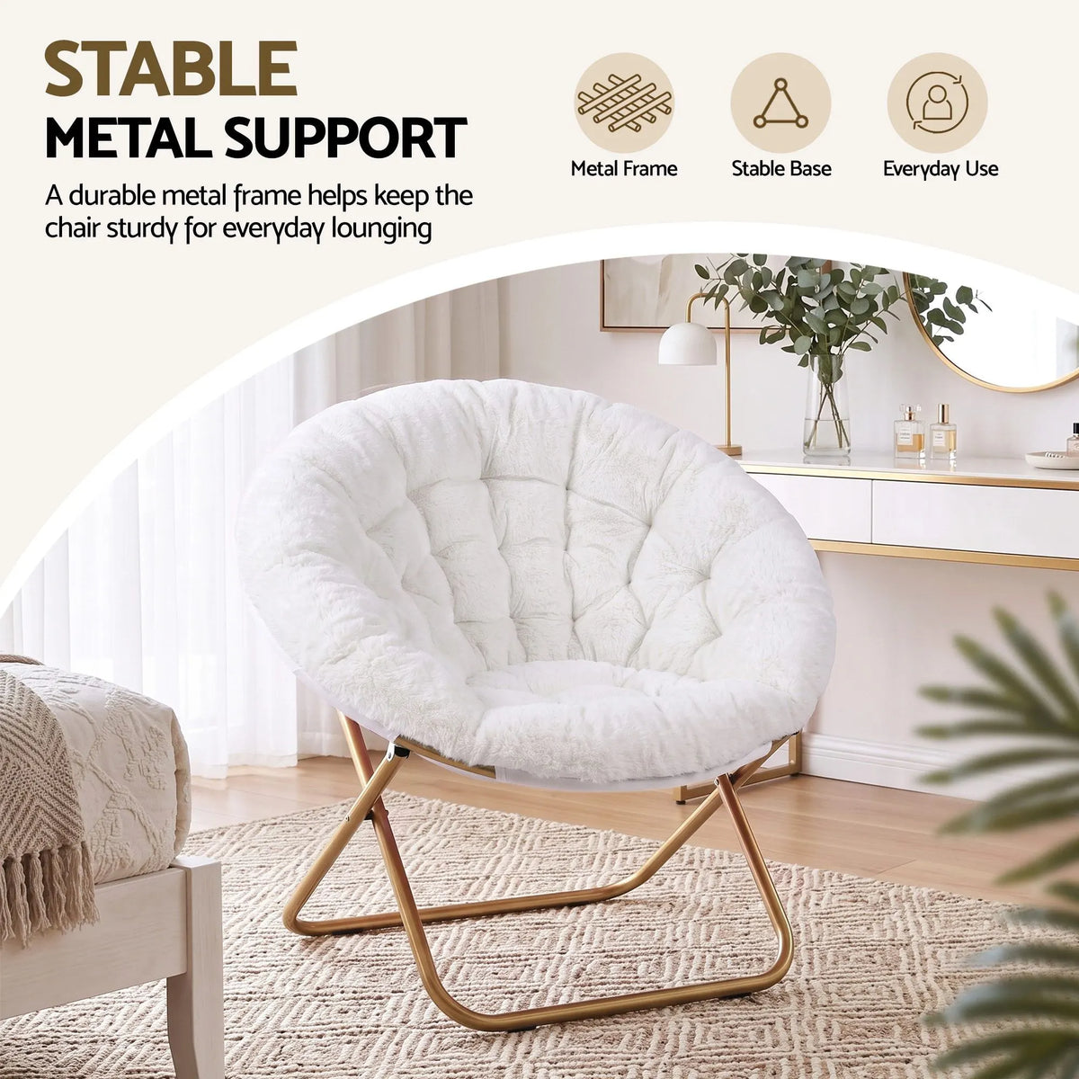 Artiss Cozy Saucer Chair Soft Faux Fur Folding Accent Chair for Bedroom White - Image 7