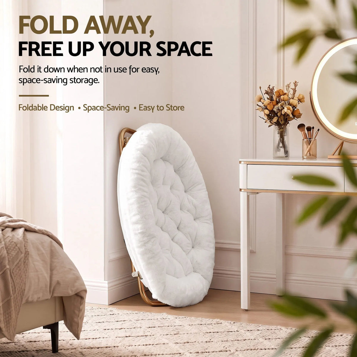 Artiss Cozy Saucer Chair Soft Faux Fur Folding Accent Chair for Bedroom White - Image 8
