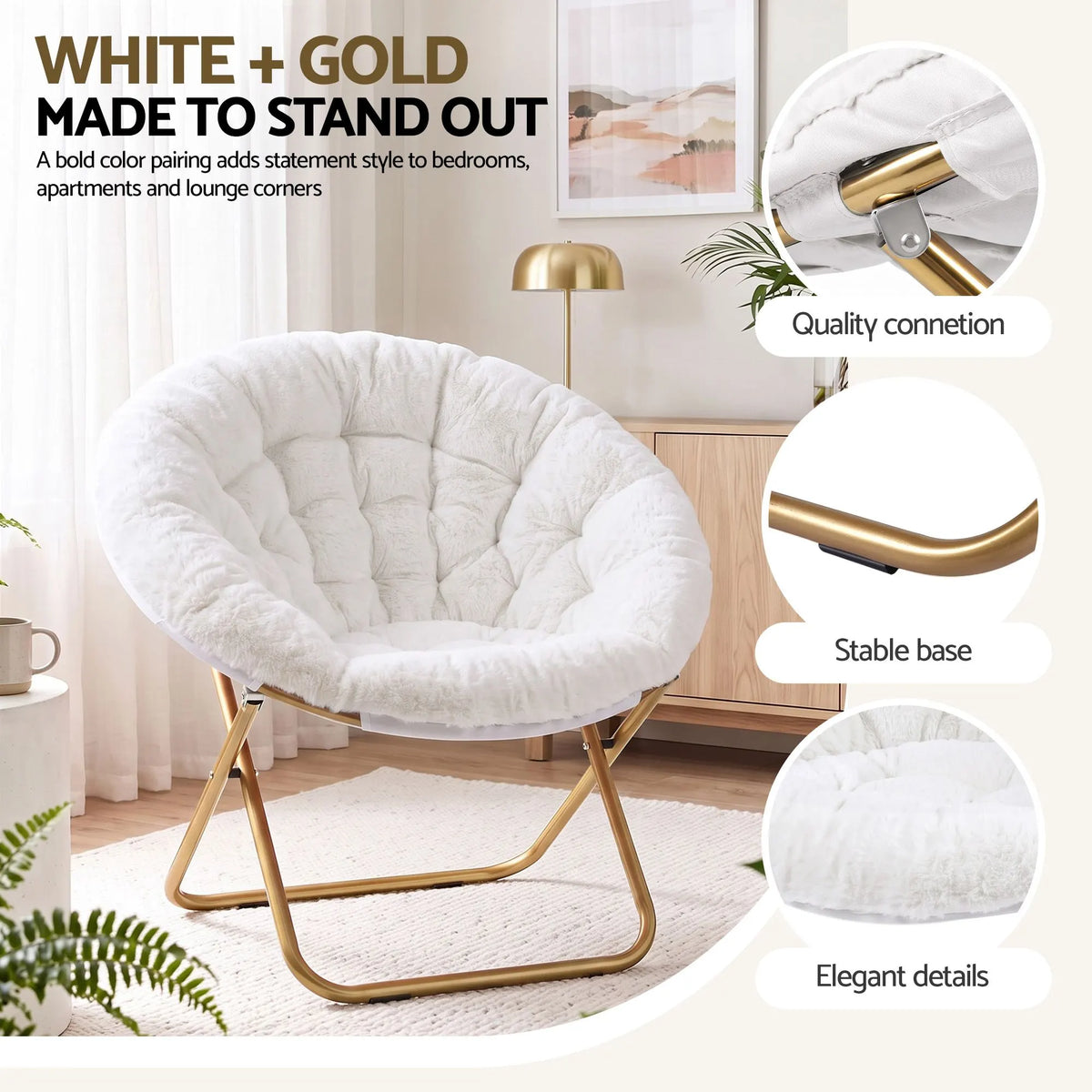 Artiss Cozy Saucer Chair Soft Faux Fur Folding Accent Chair for Bedroom White - Image 9