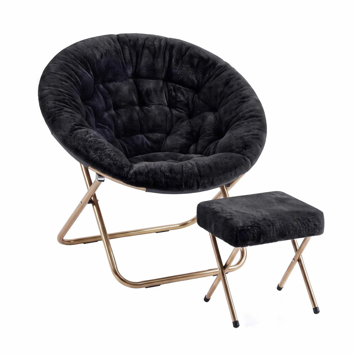 Artiss Comfy Saucer Chair Soft Faux Fur Foldable Accent Chair with Ottoman Black - Image 2