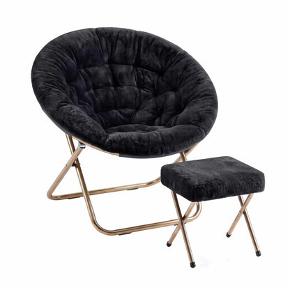 Artiss Comfy Saucer Chair Soft Faux Fur Foldable Accent Chair with Ottoman Black - Image 2