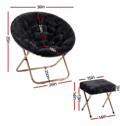 Artiss Comfy Saucer Chair Soft Faux Fur Foldable Accent Chair with Ottoman Black - Image 3
