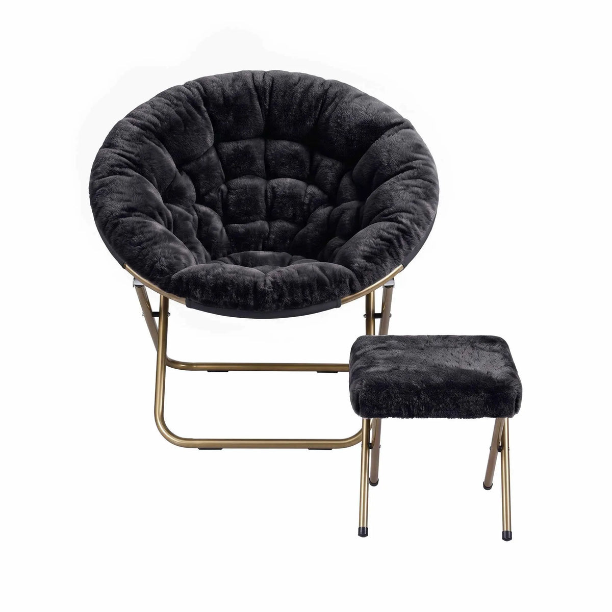 Artiss Comfy Saucer Chair Soft Faux Fur Foldable Accent Chair with Ottoman Black - Image 4