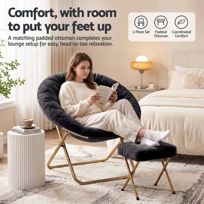 Artiss Comfy Saucer Chair Soft Faux Fur Foldable Accent Chair with Ottoman Black - Image 5