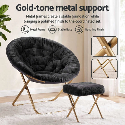 Artiss Comfy Saucer Chair Soft Faux Fur Foldable Accent Chair with Ottoman Black - Image 7