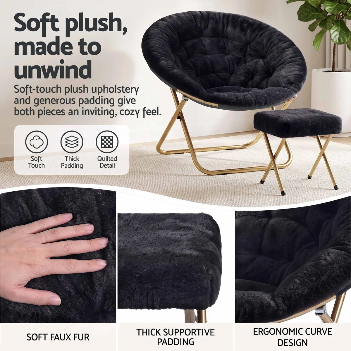 Artiss Comfy Saucer Chair Soft Faux Fur Foldable Accent Chair with Ottoman Black - Image 8