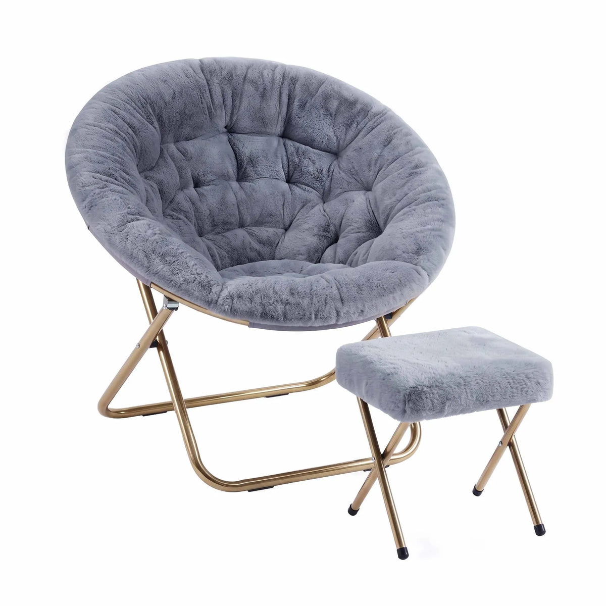 Artiss Comfy Saucer Chair Soft Faux Fur Foldable Accent Chair with Ottoman Grey - Image 2