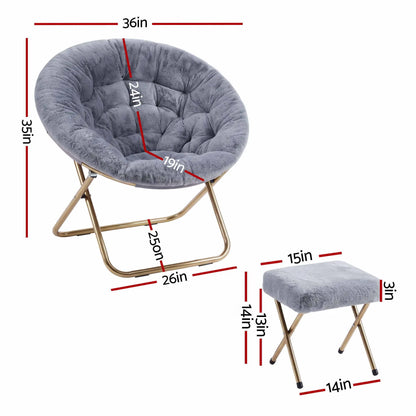 Artiss Comfy Saucer Chair Soft Faux Fur Foldable Accent Chair with Ottoman Grey - Image 3