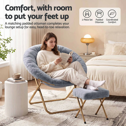 Artiss Comfy Saucer Chair Soft Faux Fur Foldable Accent Chair with Ottoman Grey - Image 5