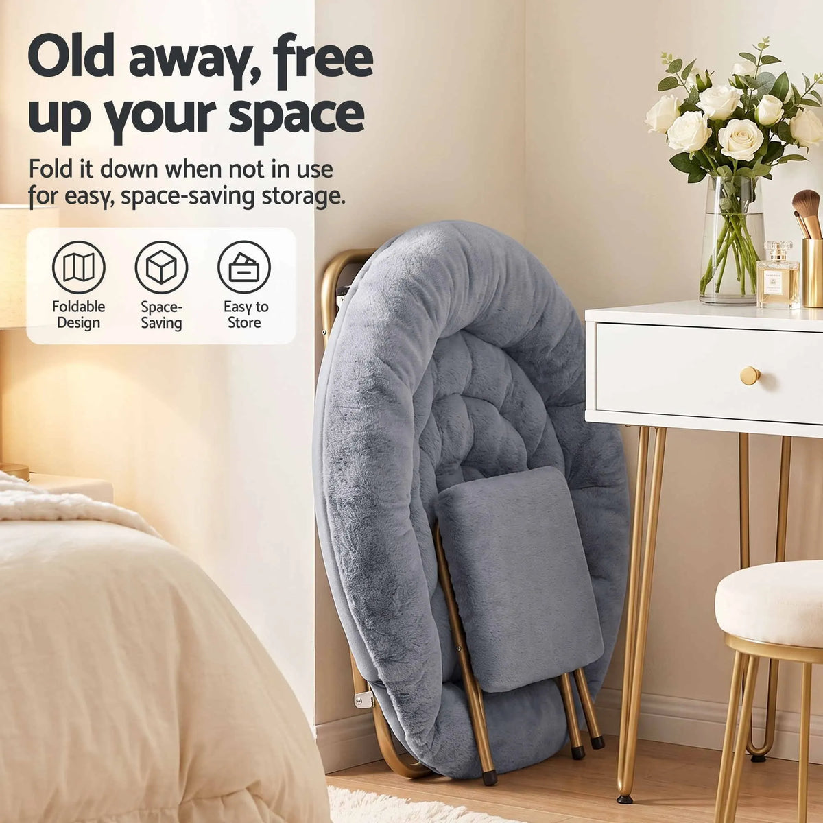 Artiss Comfy Saucer Chair Soft Faux Fur Foldable Accent Chair with Ottoman Grey - Image 6