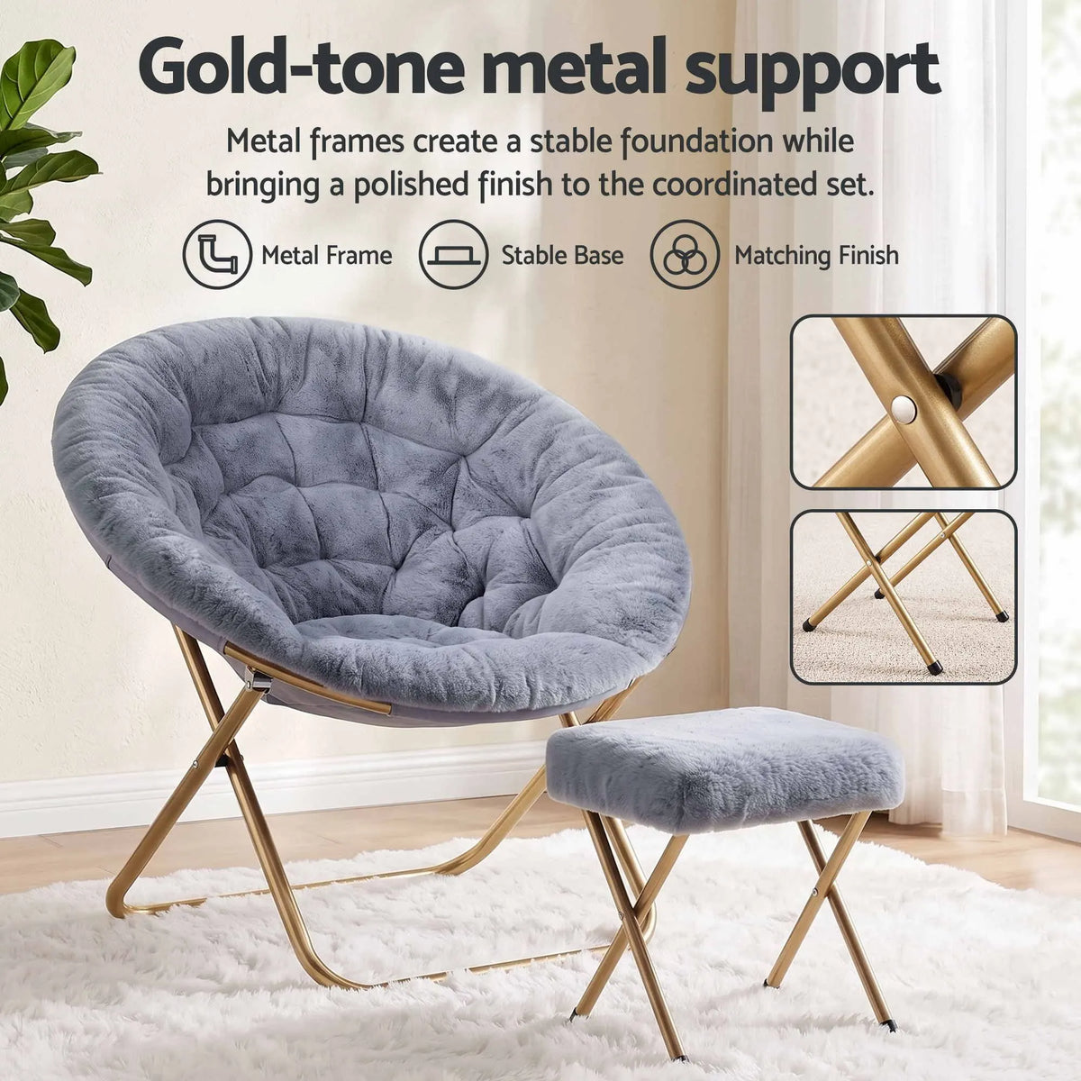 Artiss Comfy Saucer Chair Soft Faux Fur Foldable Accent Chair with Ottoman Grey - Image 7
