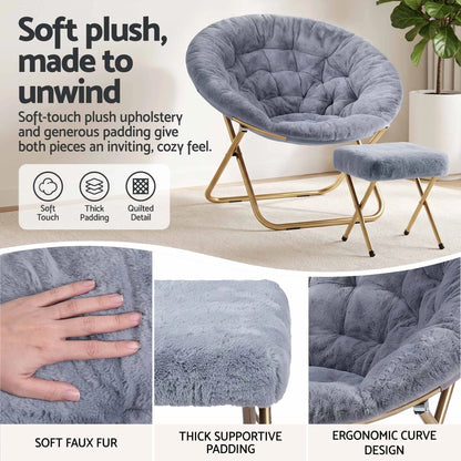 Artiss Comfy Saucer Chair Soft Faux Fur Foldable Accent Chair with Ottoman Grey - Image 8