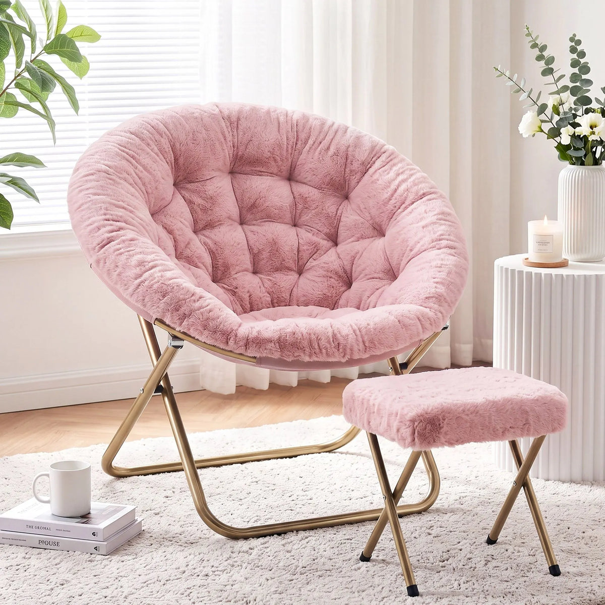 Artiss Comfy Saucer Chair Soft Faux Fur Foldable Accent Chair with Ottoman Pink