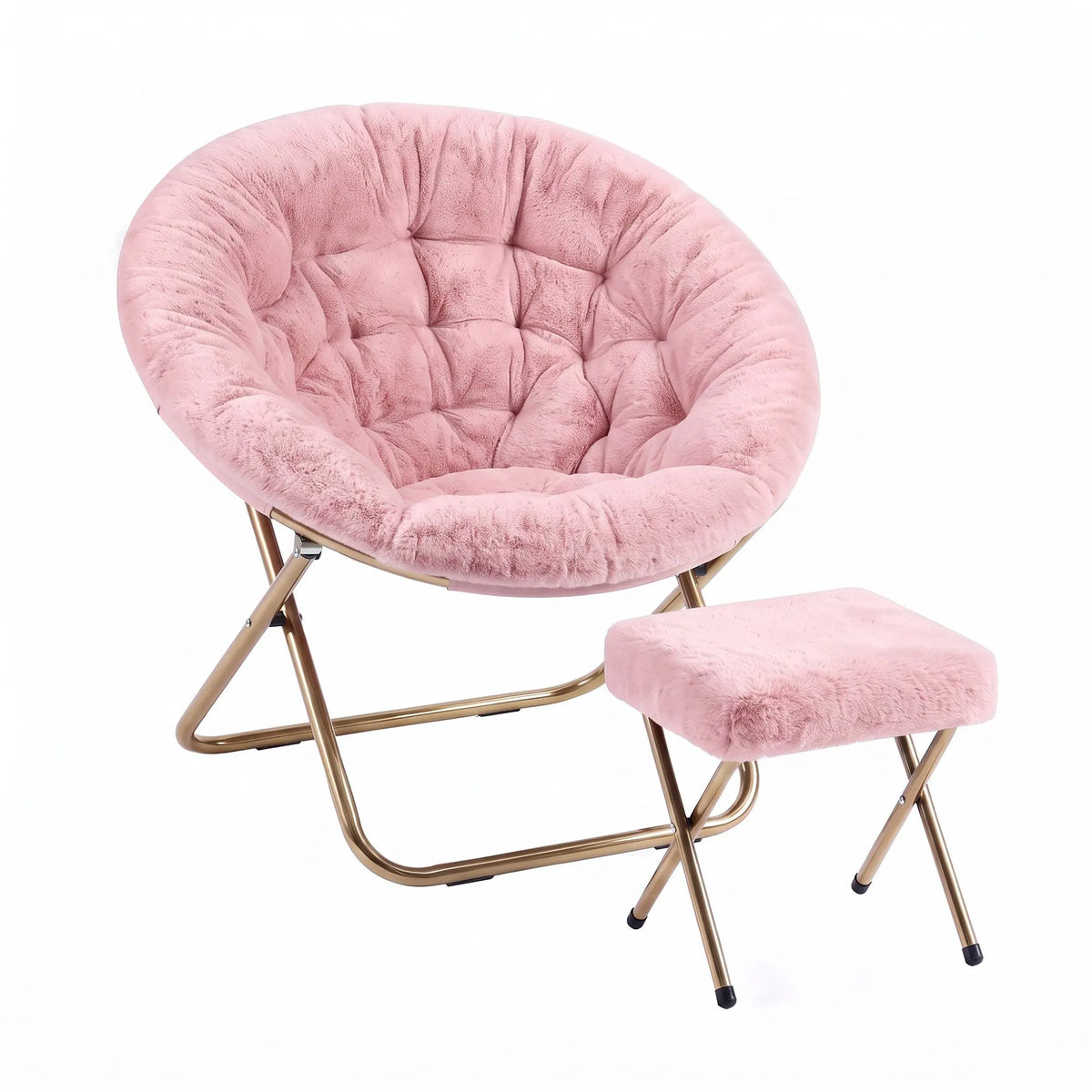 Artiss Comfy Saucer Chair Soft Faux Fur Foldable Accent Chair with Ottoman Pink - Image 2