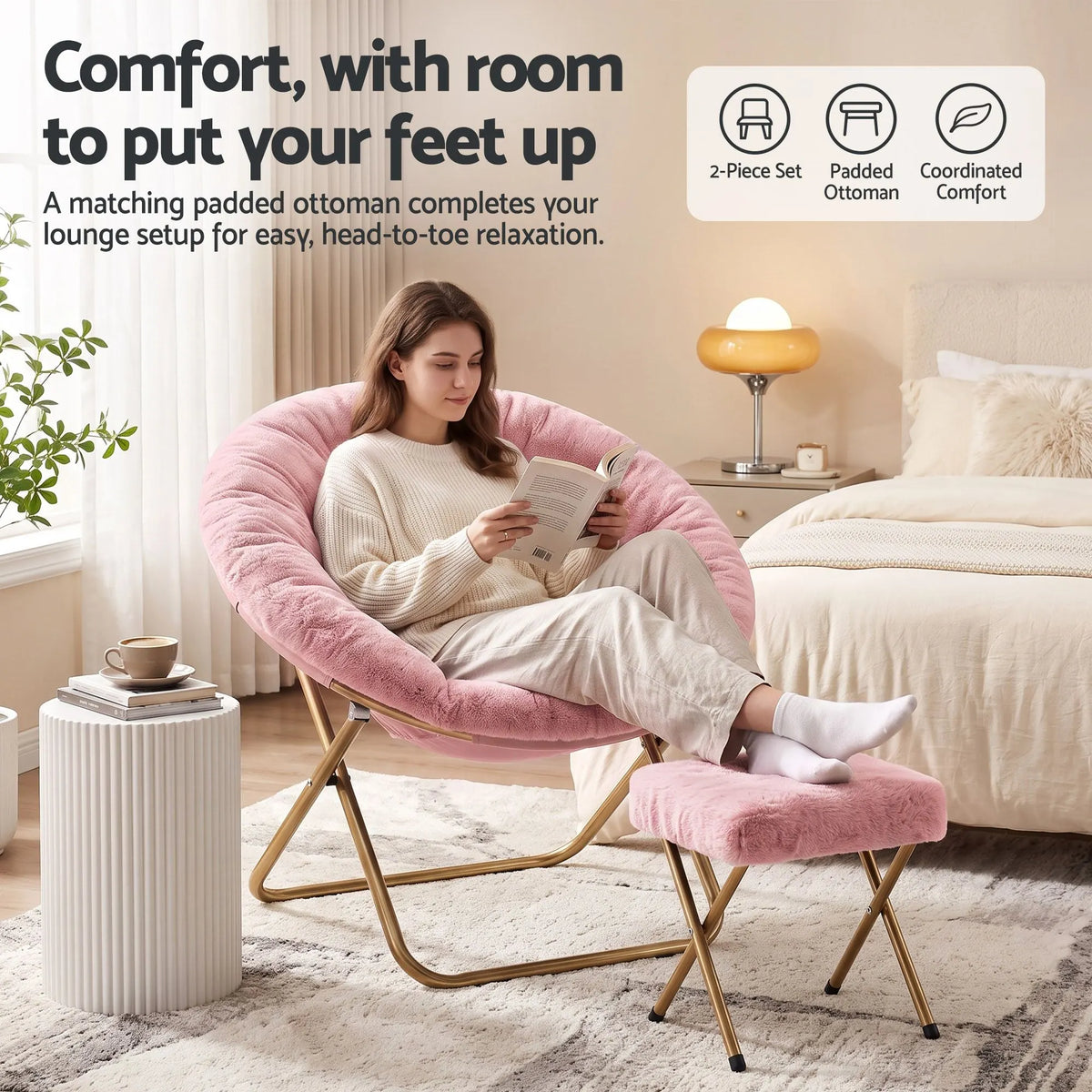 Artiss Comfy Saucer Chair Soft Faux Fur Foldable Accent Chair with Ottoman Pink - Image 5