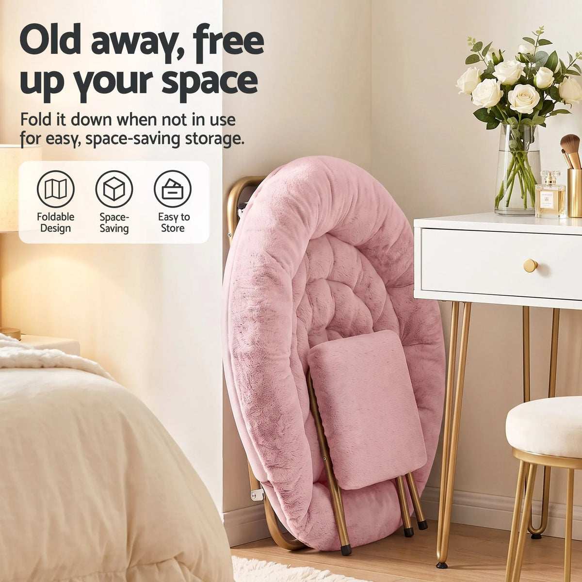 Artiss Comfy Saucer Chair Soft Faux Fur Foldable Accent Chair with Ottoman Pink - Image 6