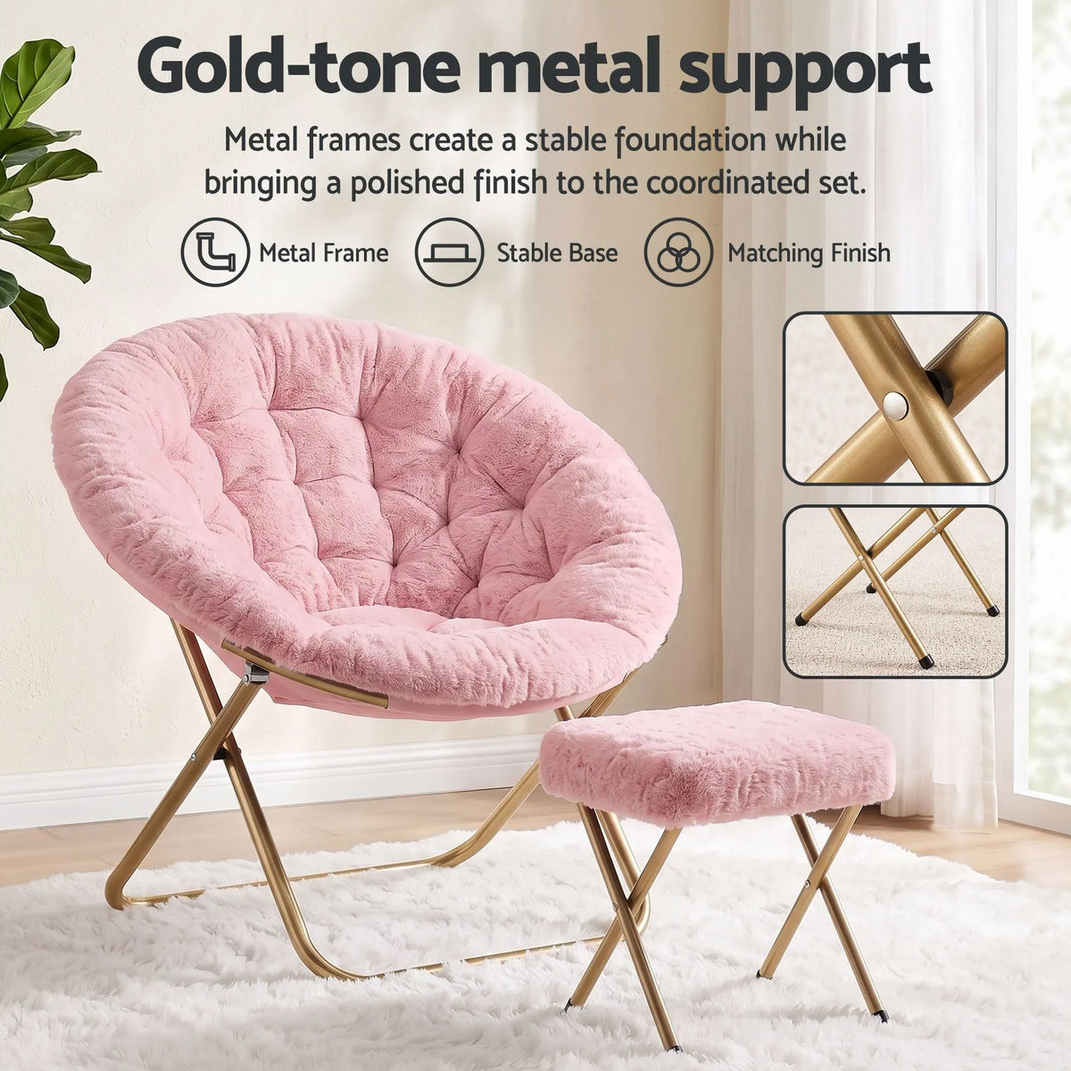 Artiss Comfy Saucer Chair Soft Faux Fur Foldable Accent Chair with Ottoman Pink - Image 7