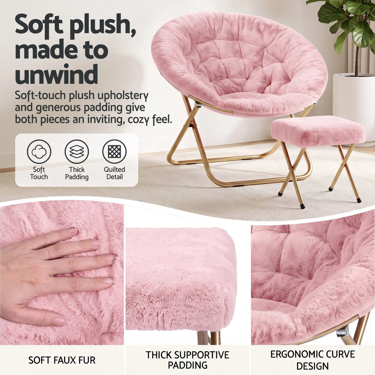Artiss Comfy Saucer Chair Soft Faux Fur Foldable Accent Chair with Ottoman Pink - Image 8