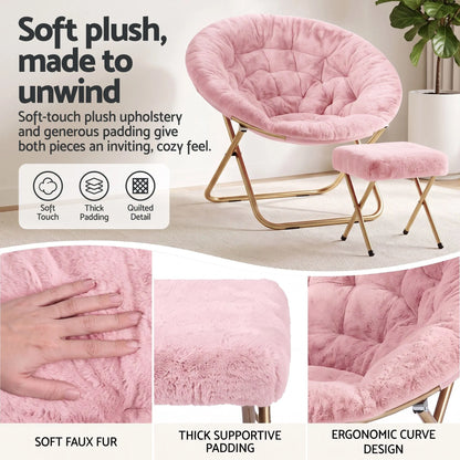 Artiss Comfy Saucer Chair Soft Faux Fur Foldable Accent Chair with Ottoman Pink - Image 8