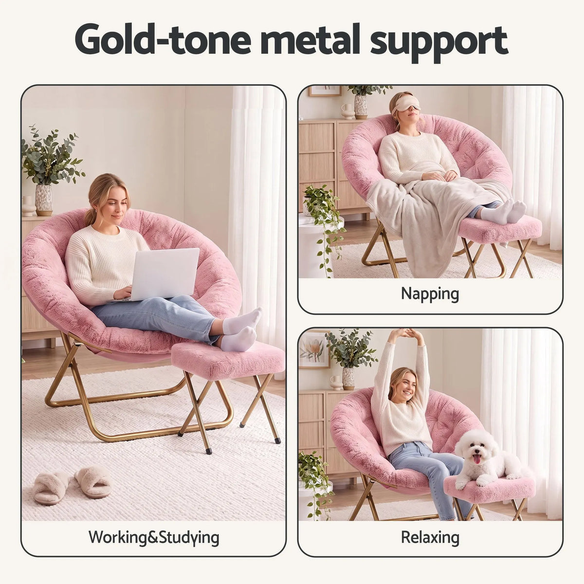 Artiss Comfy Saucer Chair Soft Faux Fur Foldable Accent Chair with Ottoman Pink - Image 9