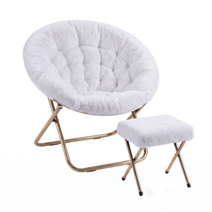 Artiss Comfy Saucer Chair Soft Faux Fur Foldable Accent Chair with Ottoman White - Image 2