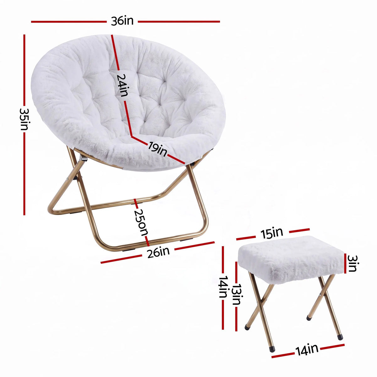 Artiss Comfy Saucer Chair Soft Faux Fur Foldable Accent Chair with Ottoman White - Image 3