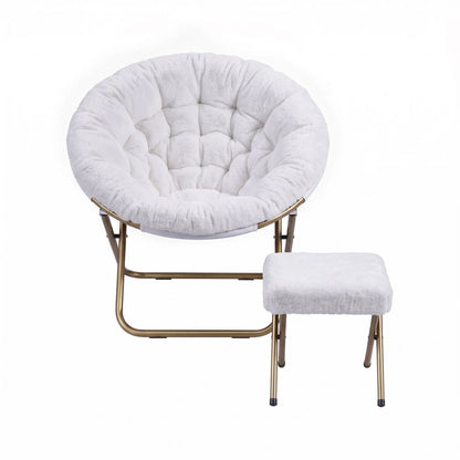 Artiss Comfy Saucer Chair Soft Faux Fur Foldable Accent Chair with Ottoman White - Image 4