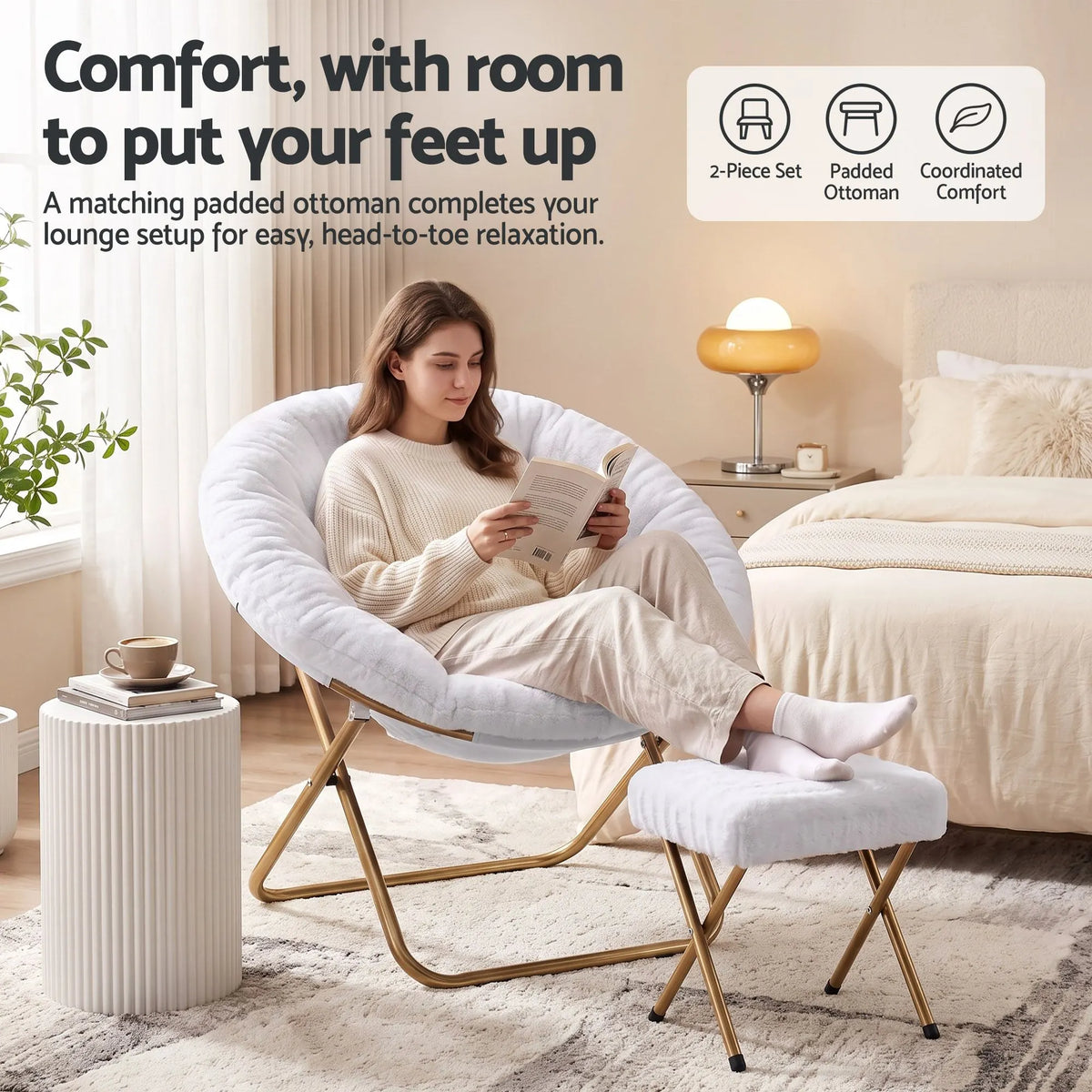 Artiss Comfy Saucer Chair Soft Faux Fur Foldable Accent Chair with Ottoman White - Image 5