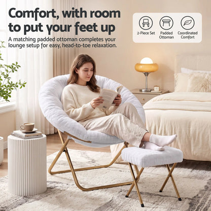 Artiss Comfy Saucer Chair Soft Faux Fur Foldable Accent Chair with Ottoman White - Image 5