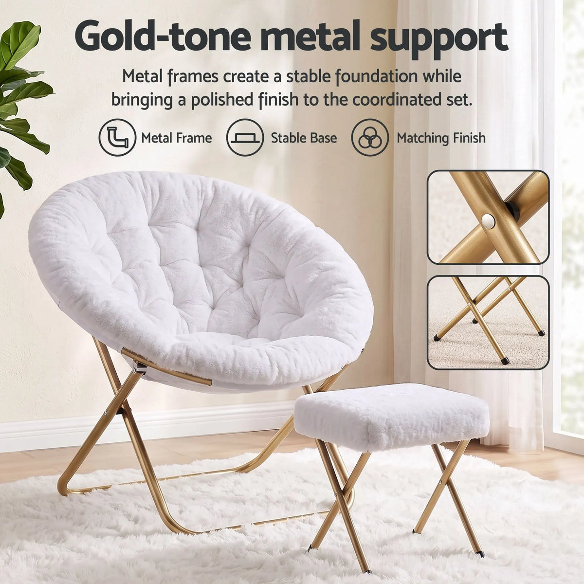 Artiss Comfy Saucer Chair Soft Faux Fur Foldable Accent Chair with Ottoman White - Image 7