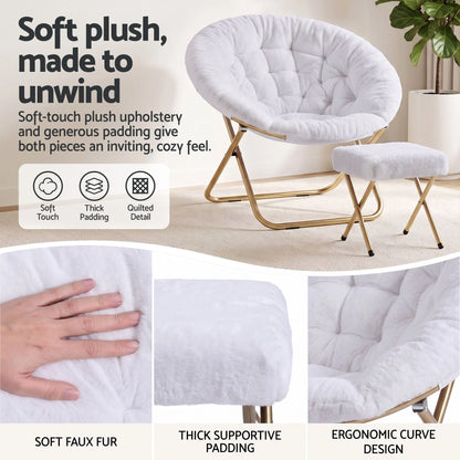 Artiss Comfy Saucer Chair Soft Faux Fur Foldable Accent Chair with Ottoman White - Image 8