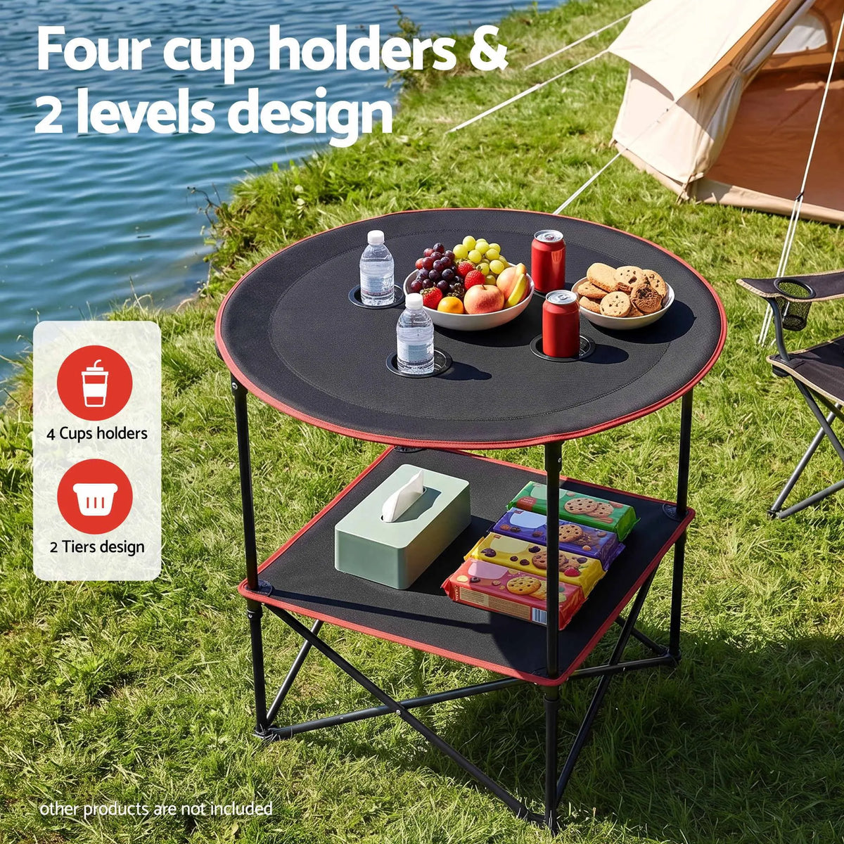 Weisshorn Folding Camping Table with 4 Cup Holders Metal Oxford 73CM Black - Image 5