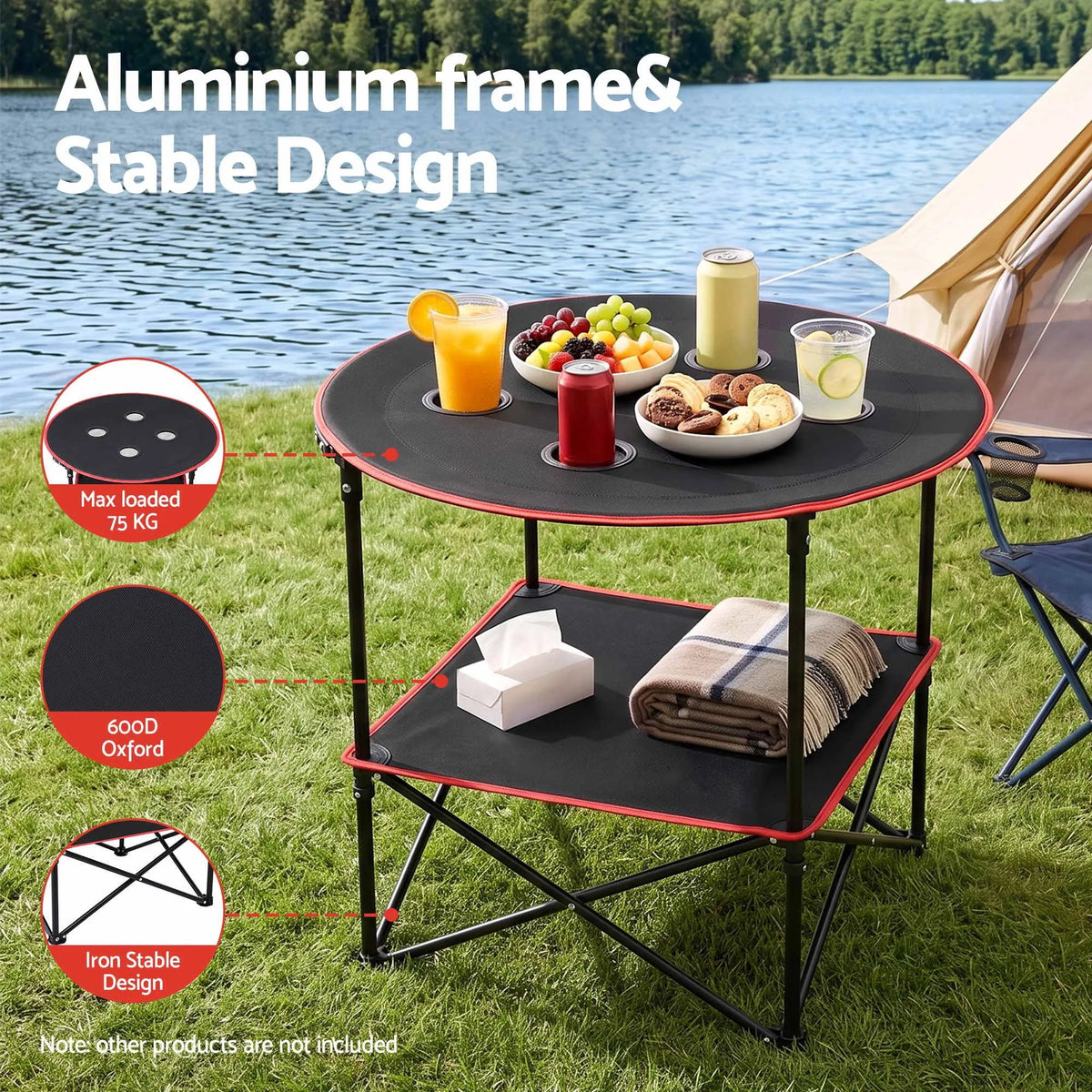 Weisshorn Folding Camping Table with 4 Cup Holders Metal Oxford 73CM Black - Image 6