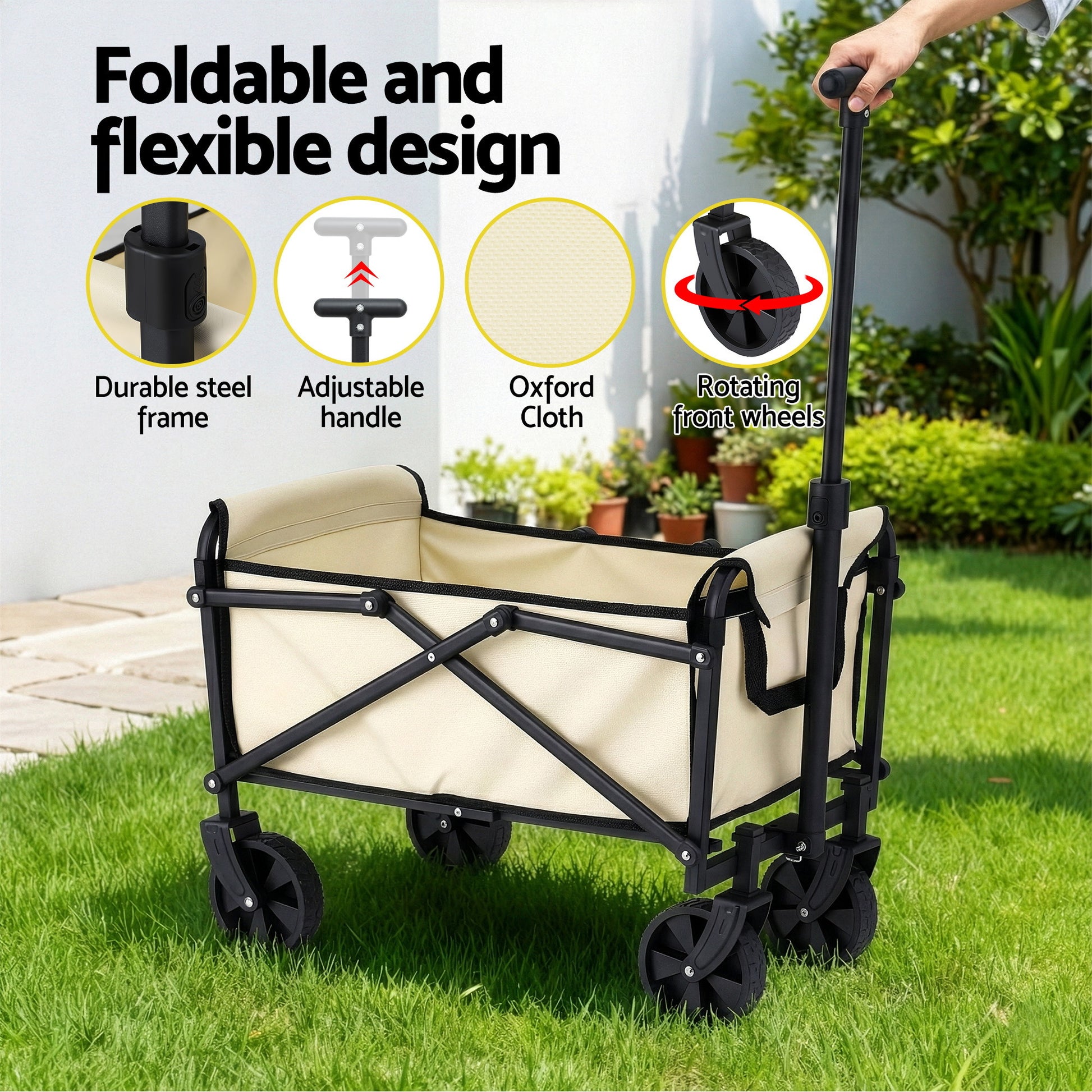 Gardeon Garden Cart Folding Trolley Camping Wagon Barrow Outdoor Beach Beige - Image 5