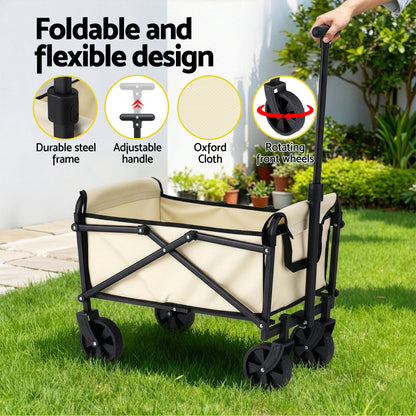 Gardeon Garden Cart Folding Trolley Camping Wagon Barrow Outdoor Beach Beige - Image 5