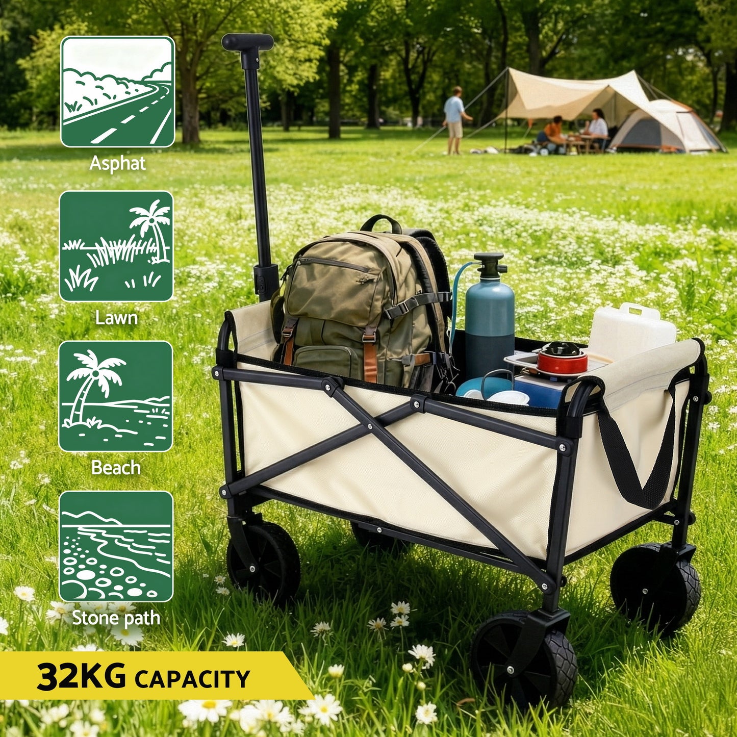 Gardeon Garden Cart Folding Trolley Camping Wagon Barrow Outdoor Beach Beige - Image 7