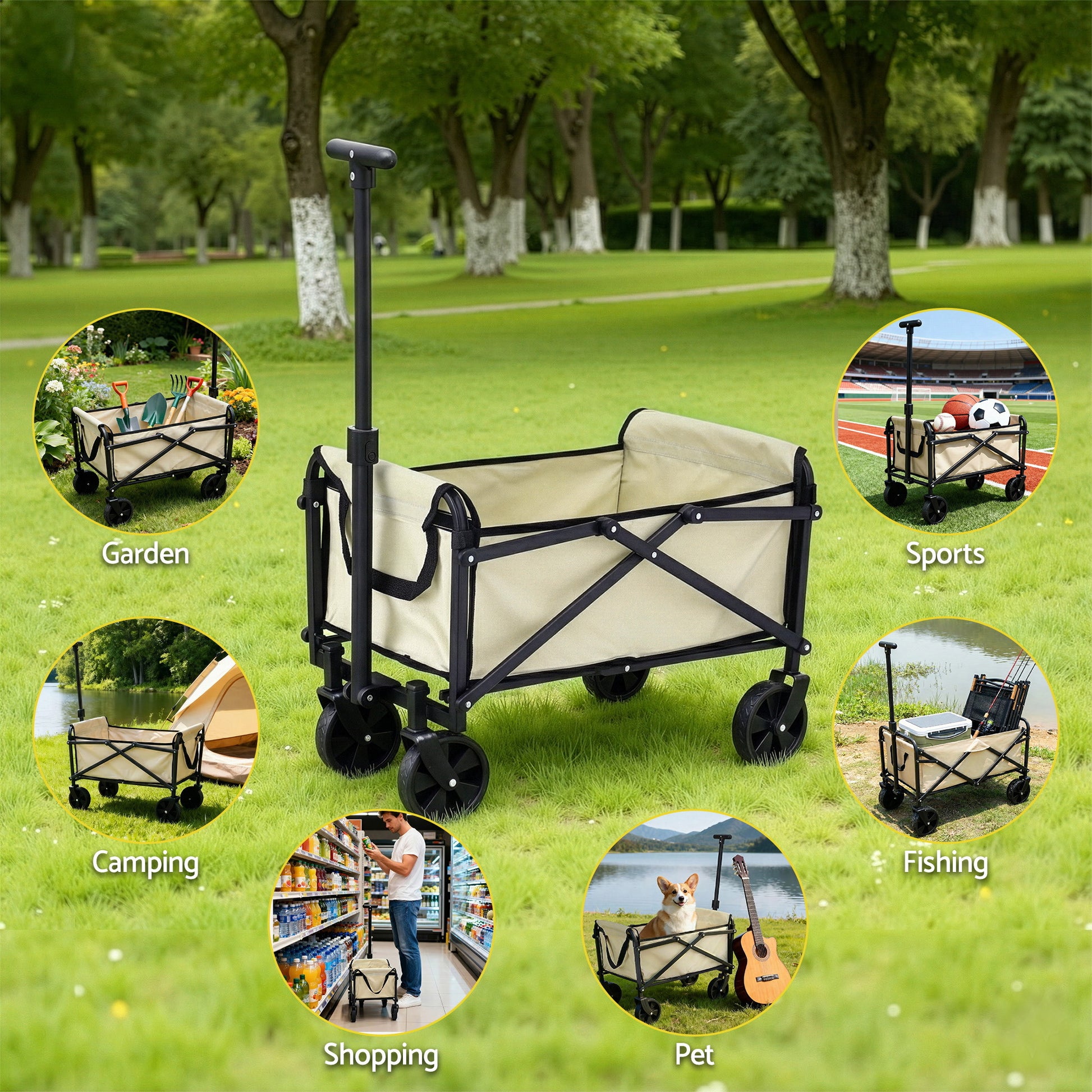 Gardeon Garden Cart Folding Trolley Camping Wagon Barrow Outdoor Beach Beige - Image 9