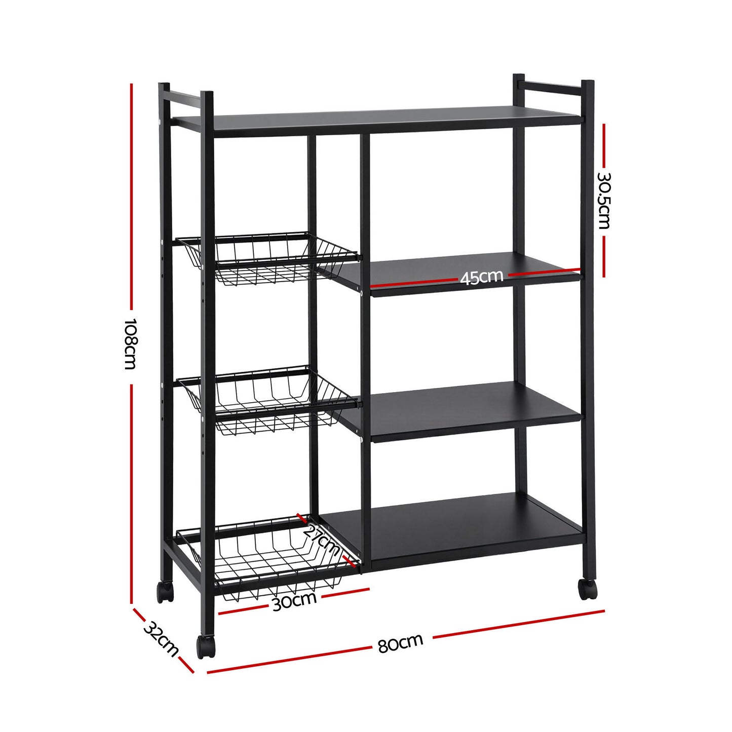 Artiss 4-Tier Kitchen Rack Microwave Bakers Storage Shelf with 3 Baskets Wheels - Image 3