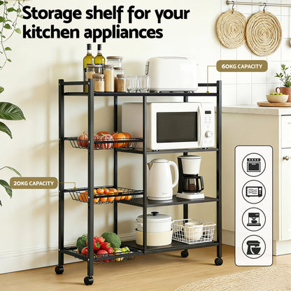 Artiss 4-Tier Kitchen Rack Microwave Bakers Storage Shelf with 3 Baskets Wheels - Image 5