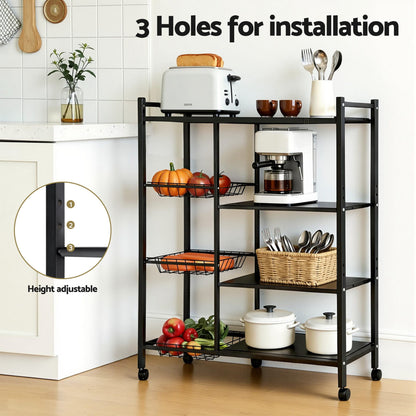 Artiss 4-Tier Kitchen Rack Microwave Bakers Storage Shelf with 3 Baskets Wheels - Image 6
