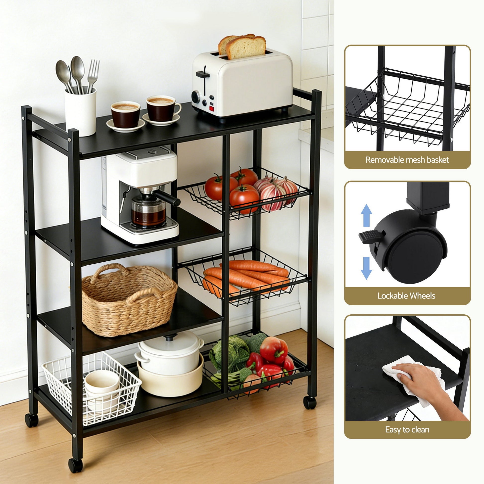 Artiss 4-Tier Kitchen Rack Microwave Bakers Storage Shelf with 3 Baskets Wheels - Image 7