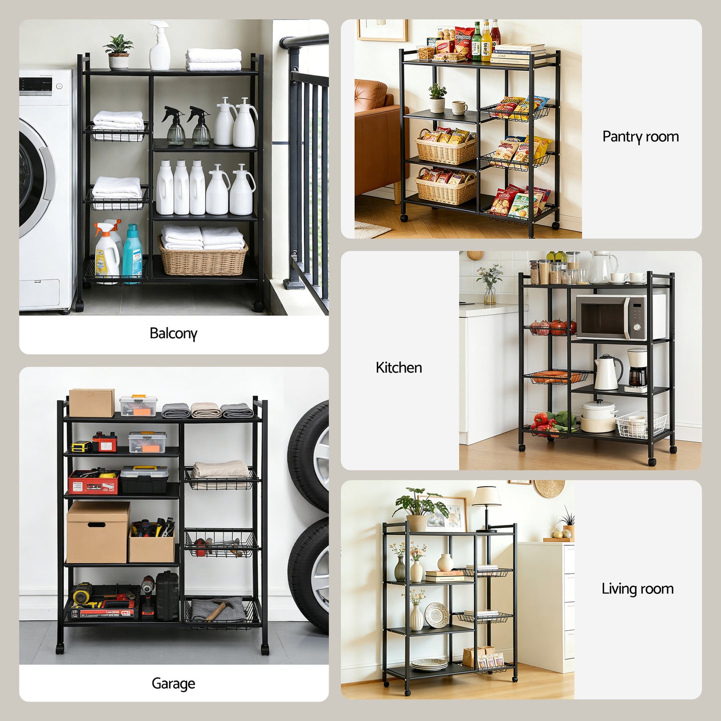 Artiss 4-Tier Kitchen Rack Microwave Bakers Storage Shelf with 3 Baskets Wheels - Image 8