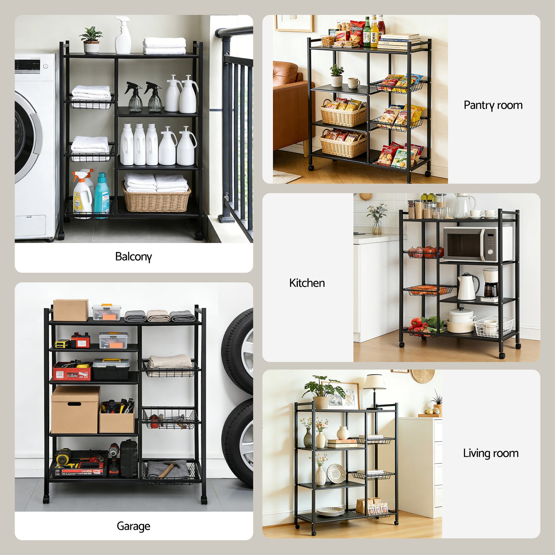 Artiss 4-Tier Kitchen Rack Microwave Bakers Storage Shelf with 3 Baskets Wheels - Image 8